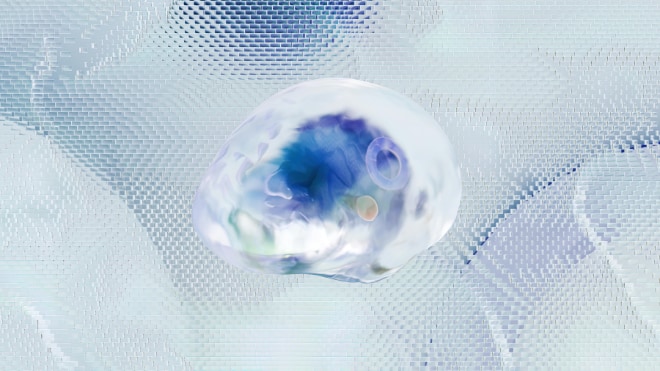 An illustration of a brain-shaped object on an abstract background.